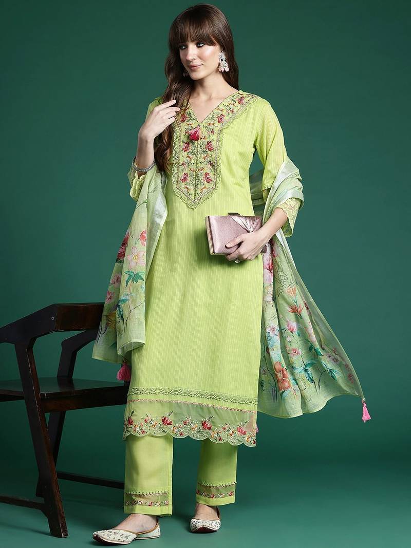 Floral Embroidered Thread Work Linen Kurta with Trousers & Dupatta