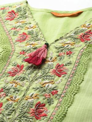 Floral Embroidered Thread Work Linen Kurta with Trousers & Dupatta 2