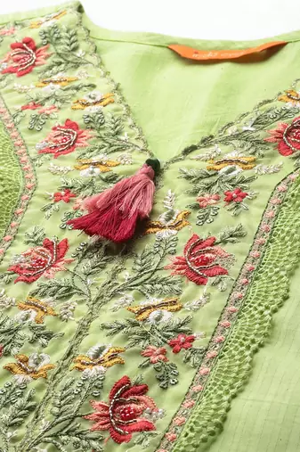 Floral Embroidered Thread Work Linen Kurta with Trousers & Dupatta