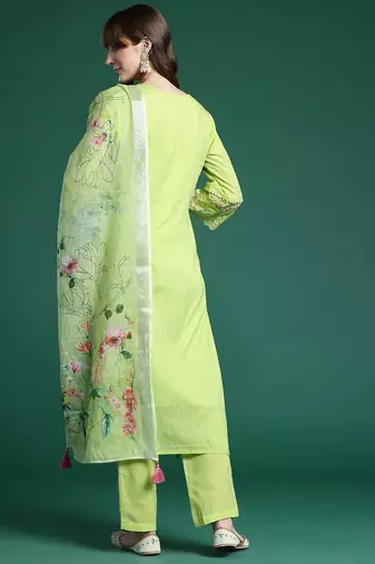 Floral Embroidered Thread Work Linen Kurta with Trousers & Dupatta