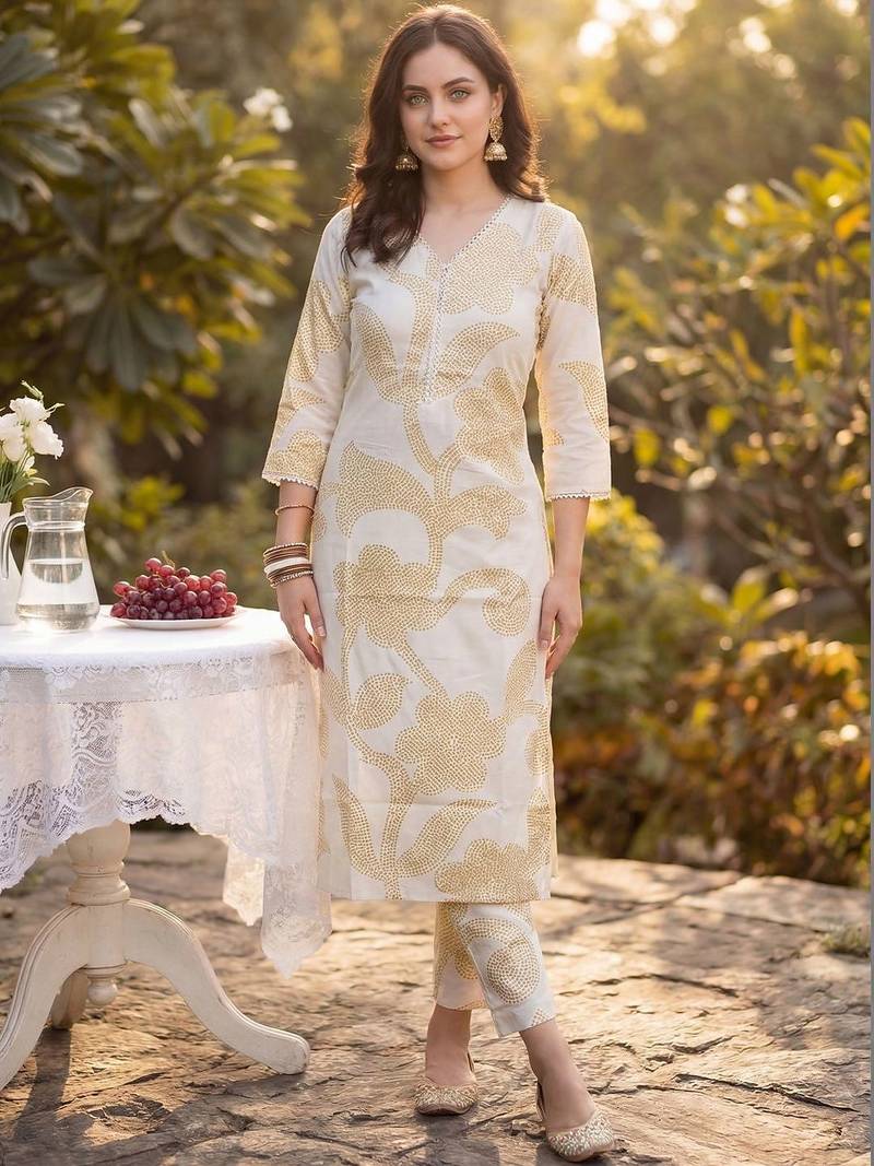Women Floral Printed Regular Pure Cotton Kurta with Trousers