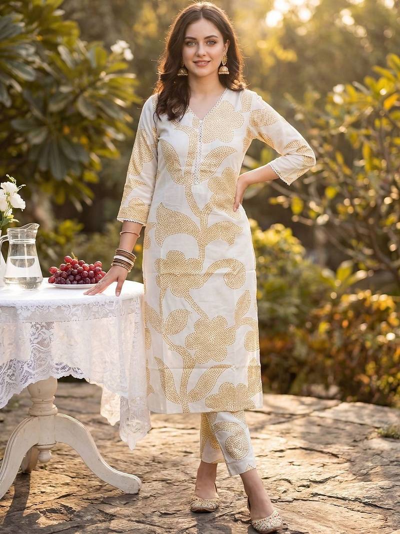Women Floral Printed Regular Pure Cotton Kurta with Trousers