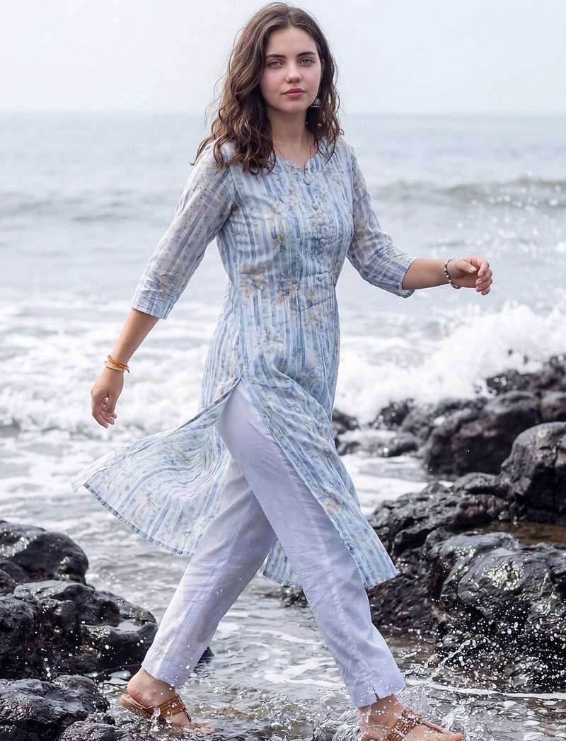 Women Ethnic Motifs Printed Regular Beads and Stones Pure Cotton Kurta with Trousers