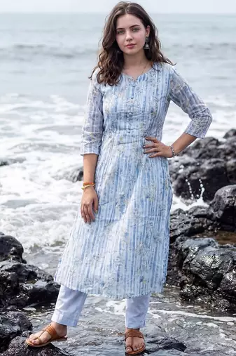 Women Ethnic Motifs Printed Regular Beads and Stones Pure Cotton Kurta with Trousers