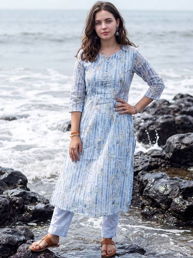 Women Ethnic Motifs Printed Regular Beads and Stones Pure Cotton Kurta with Trousers