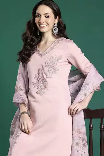 Floral Embroidered Kurta with Trousers & Dupatta