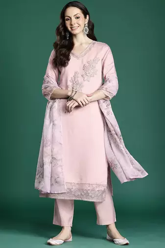 Floral Embroidered Kurta with Trousers & Dupatta