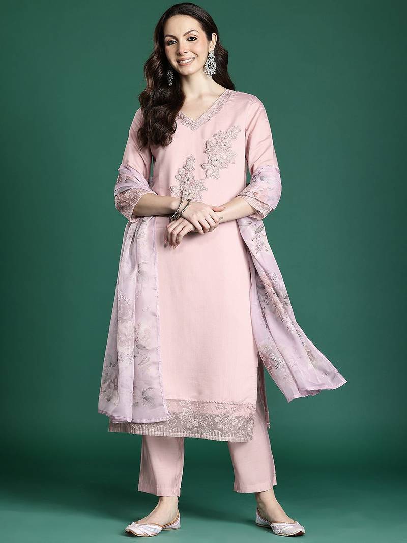 Floral Embroidered Kurta with Trousers & Dupatta