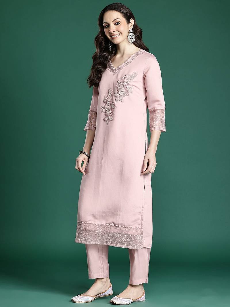 Floral Embroidered Kurta with Trousers & Dupatta