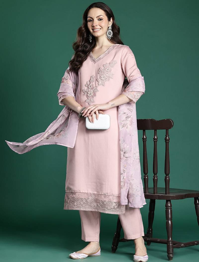Floral Embroidered Kurta with Trousers & Dupatta