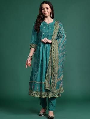 Ethnic Motifs Embroidered Pure Cotton Kurta with Trousers & With Dupatta 7