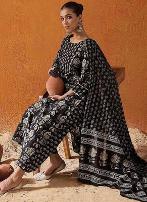 Black Floral Printed Gotta Patti Pure Cotton Kurta with Palazzo & Dupatta 1
