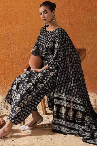 Black Floral Printed Gotta Patti Pure Cotton Kurta with Palazzo & Dupatta