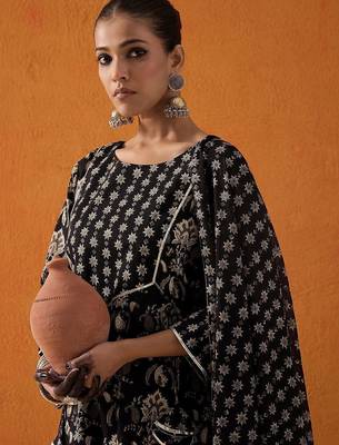 Black Floral Printed Gotta Patti Pure Cotton Kurta with Palazzo & Dupatta 2