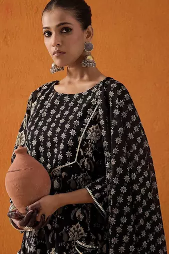 Black Floral Printed Gotta Patti Pure Cotton Kurta with Palazzo & Dupatta