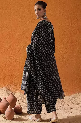 Black Floral Printed Gotta Patti Pure Cotton Kurta with Palazzo & Dupatta