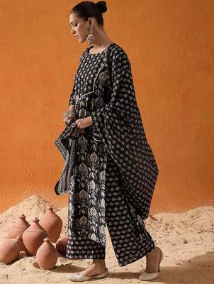 Black Floral Printed Gotta Patti Pure Cotton Kurta with Palazzo & Dupatta 5