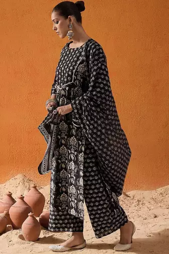 Black Floral Printed Gotta Patti Pure Cotton Kurta with Palazzo & Dupatta