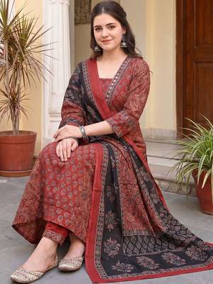 Women Ethnic Motifs Printed Regular Mirror Work Pure Cotton Kurta with Trousers & With Dupatta 1