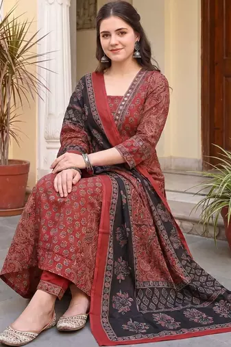 Women Ethnic Motifs Printed Regular Mirror Work Pure Cotton Kurta with Trousers & With Dupatta