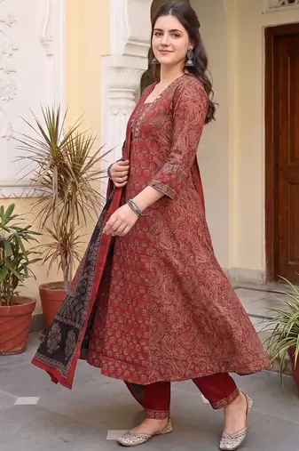 Women Ethnic Motifs Printed Regular Mirror Work Pure Cotton Kurta with Trousers & With Dupatta