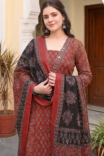 Women Ethnic Motifs Printed Regular Mirror Work Pure Cotton Kurta with Trousers & With Dupatta