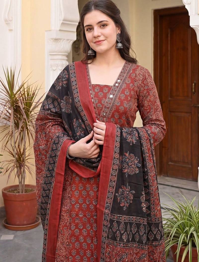 Women Ethnic Motifs Printed Regular Mirror Work Pure Cotton Kurta with Trousers & With Dupatta