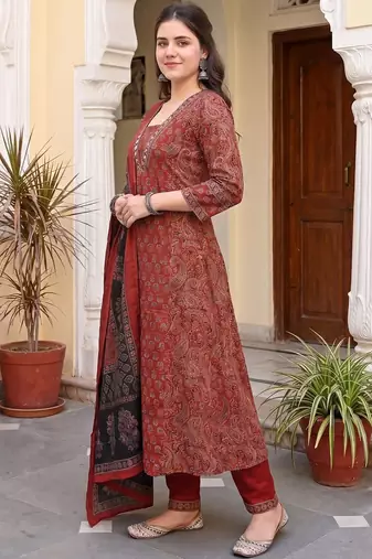 Women Ethnic Motifs Printed Regular Mirror Work Pure Cotton Kurta with Trousers & With Dupatta