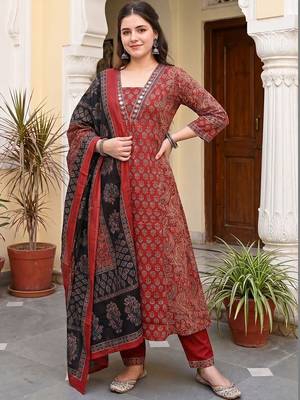 Women Ethnic Motifs Printed Regular Mirror Work Pure Cotton Kurta with Trousers & With Dupatta 5
