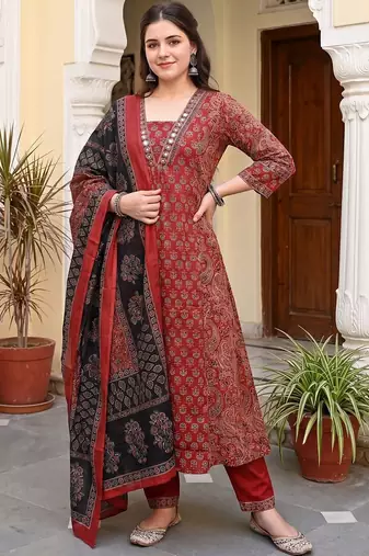Women Ethnic Motifs Printed Regular Mirror Work Pure Cotton Kurta with Trousers & With Dupatta