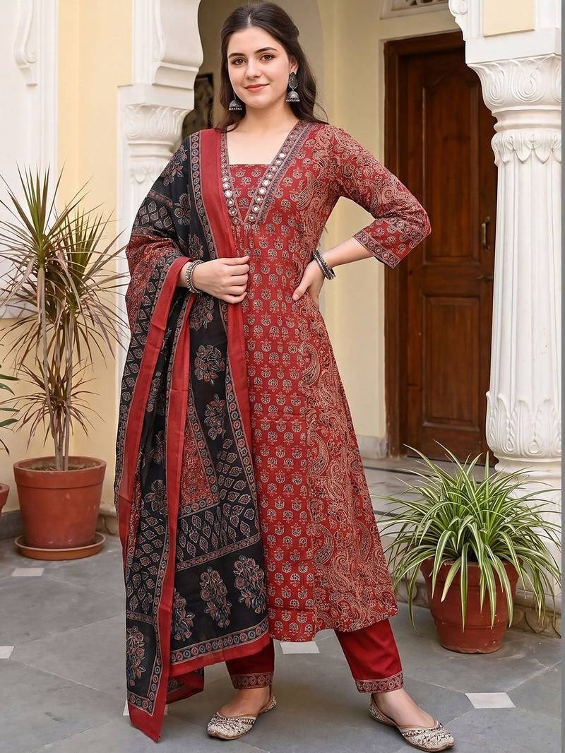 Women Ethnic Motifs Printed Regular Mirror Work Pure Cotton Kurta with Trousers & With Dupatta