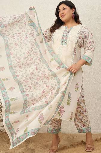 Plus Size Printed Regular Pure Cotton Kurta with Trousers & With Dupatta