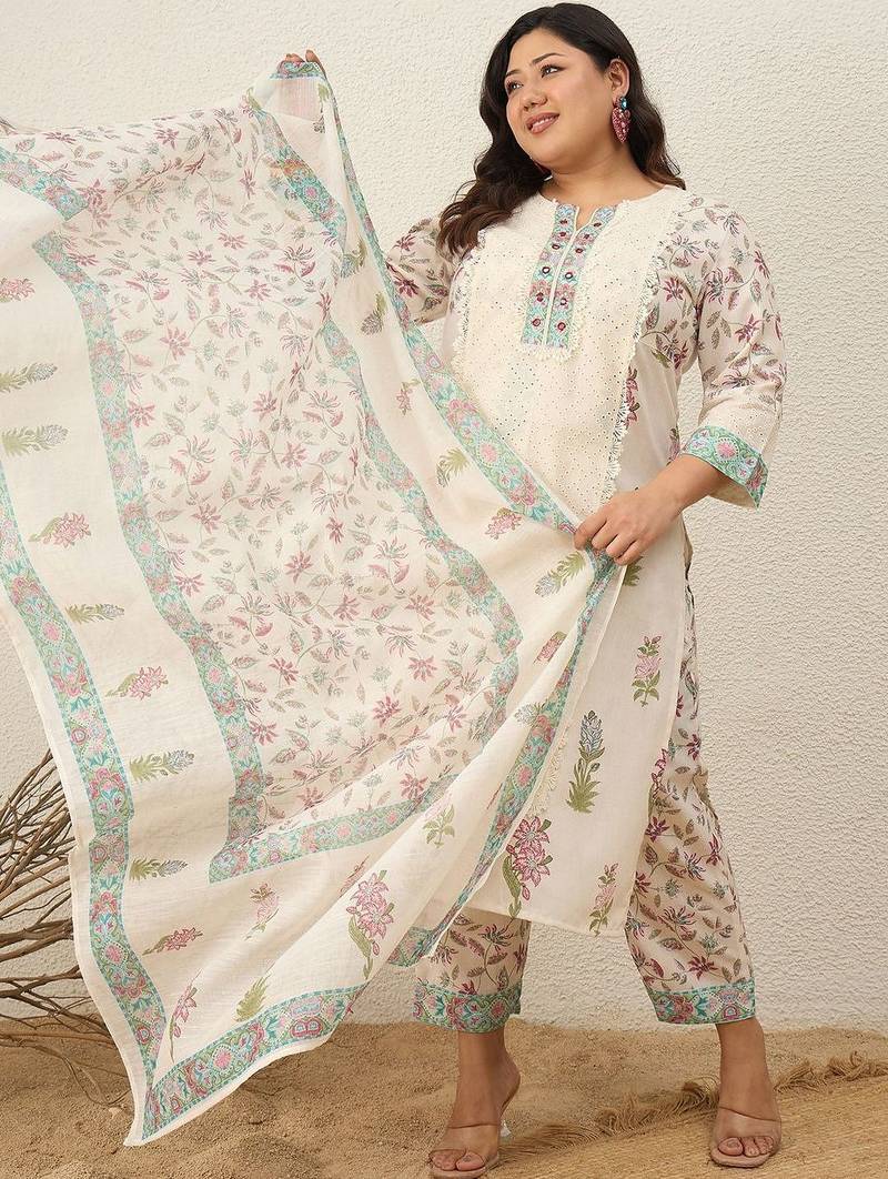 Plus Size Printed Regular Pure Cotton Kurta with Trousers & With Dupatta