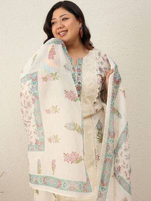 Plus Size Printed Regular Pure Cotton Kurta with Trousers & With Dupatta 5