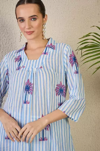 Women Striped Printed Pure Cotton A-Line Kurta with Trousers