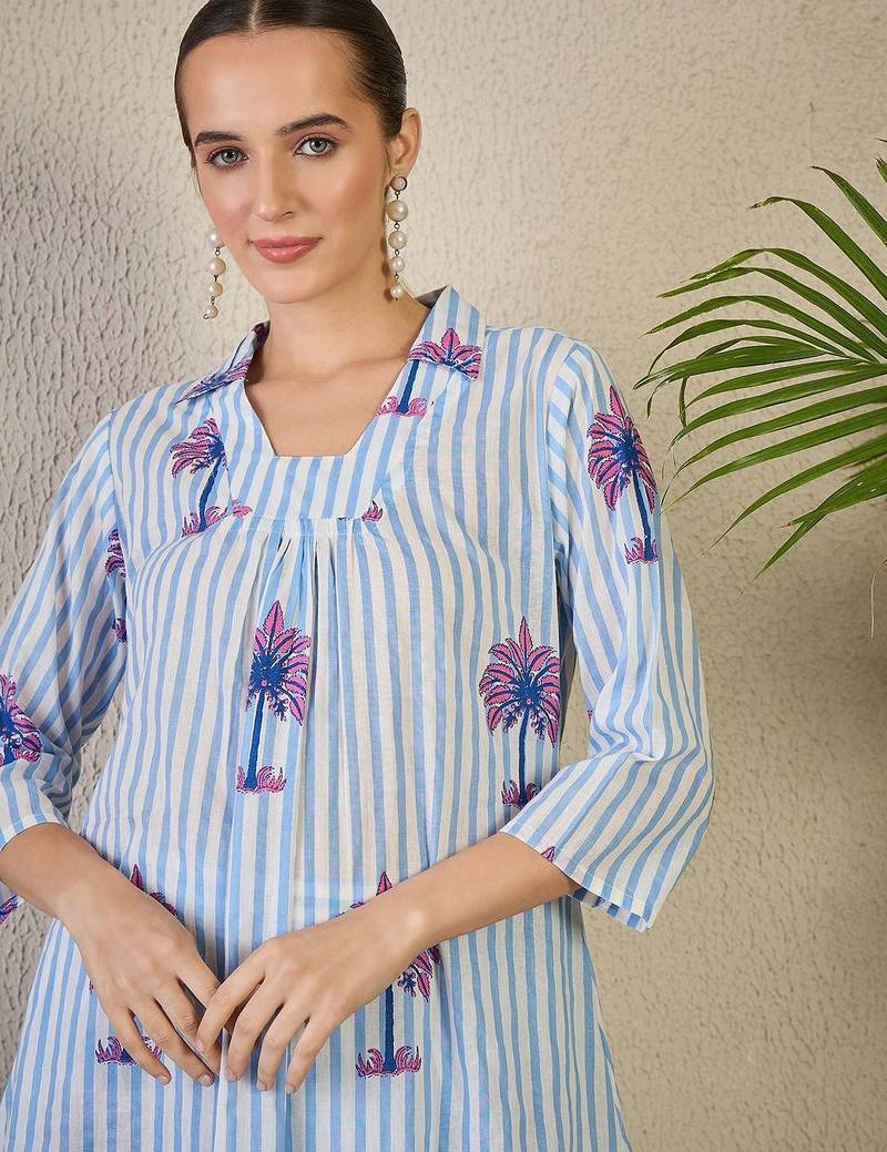 Women Striped Printed Pure Cotton A-Line Kurta with Trousers