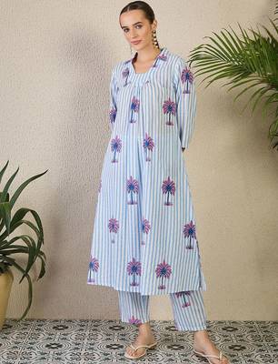 Women Striped Printed Pure Cotton A-Line Kurta with Trousers 2