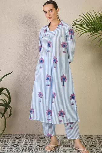 Women Striped Printed Pure Cotton A-Line Kurta with Trousers