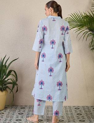 Women Striped Printed Pure Cotton A-Line Kurta with Trousers 3