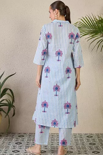 Women Striped Printed Pure Cotton A-Line Kurta with Trousers