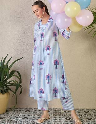 Women Striped Printed Pure Cotton A-Line Kurta with Trousers 4