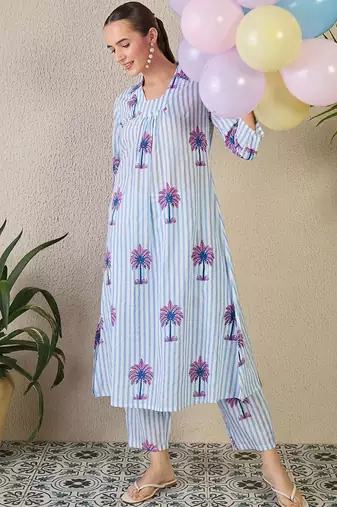Women Striped Printed Pure Cotton A-Line Kurta with Trousers