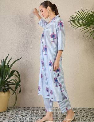 Women Striped Printed Pure Cotton A-Line Kurta with Trousers 5