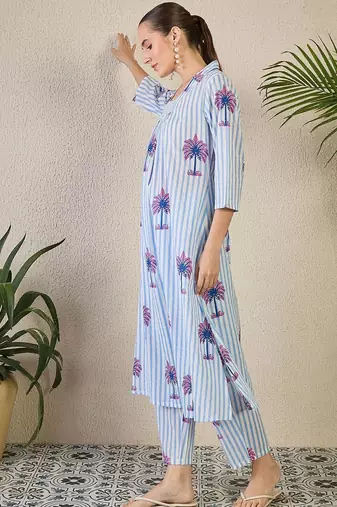 Women Striped Printed Pure Cotton A-Line Kurta with Trousers