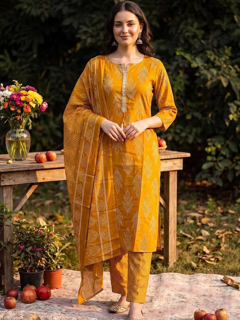 Women Ethnic Motifs Printed Regular Linen Kurta with Trousers & With Dupatta