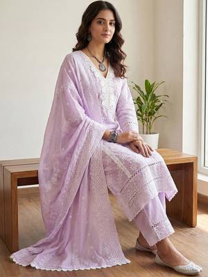 Women Ethnic Motifs Embroidered Regular Thread Work Pure Cotton Kurta with Trousers & With Dupatta 1