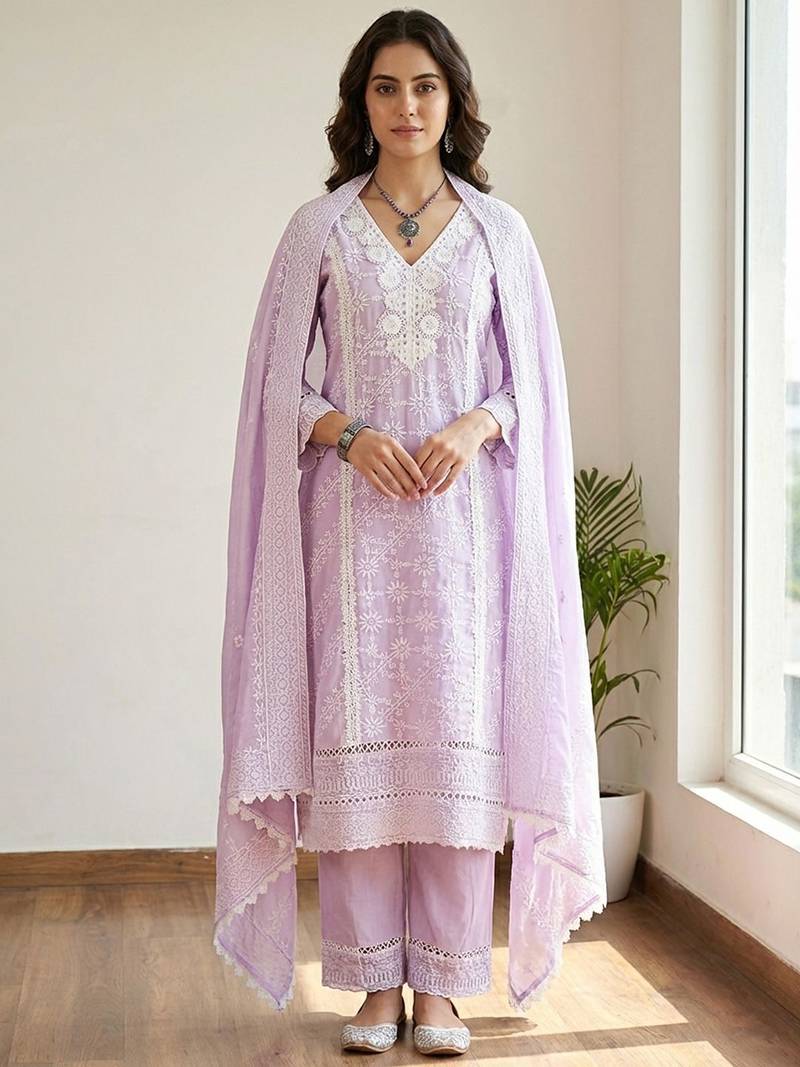 Women Ethnic Motifs Embroidered Regular Thread Work Pure Cotton Kurta with Trousers & With Dupatta