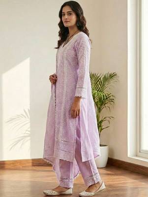 Women Ethnic Motifs Embroidered Regular Thread Work Pure Cotton Kurta with Trousers & With Dupatta 4