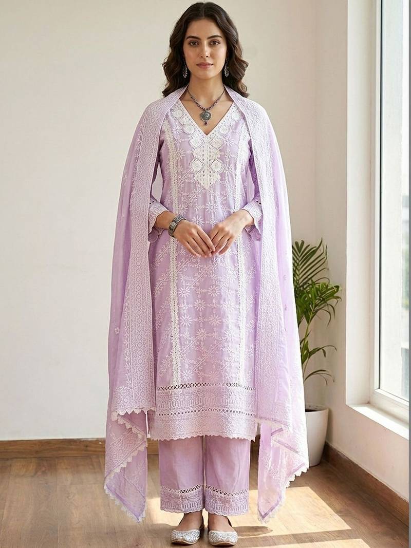 Women Ethnic Motifs Embroidered Regular Thread Work Pure Cotton Kurta with Trousers & With Dupatta