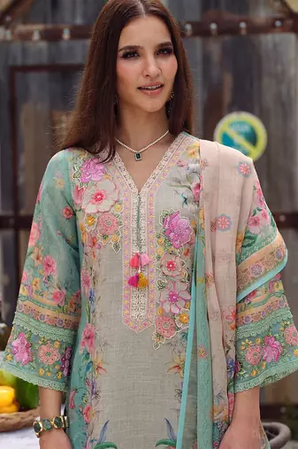 Floral Embroidered Beads and Stones Straight Kurta With Trousers & Dupatta